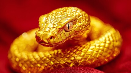 Obraz premium Stunning Close-Up of a Realistic Golden Snake Sculpture on Luxurious Red Fabric, Perfect as a Decorative Element for Art and Unique Collectible Displays