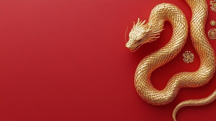 Obraz premium Stunning Golden Dragon Coiled Elegantly Against Vibrant Red Background for Celebratory Themes, Symbolizing Wealth, Power, and Good Fortune in Various Cultures and Traditions