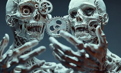 Two Glowing, Skeletal Figures with Gears in their Heads - Powered by Adobe