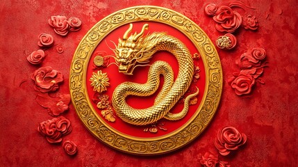 Stunning Golden Dragon Sculpture on Red Background with Decorative Flowers, Symbolizing Prosperity and Strength for Cultural Celebrations and Festivities