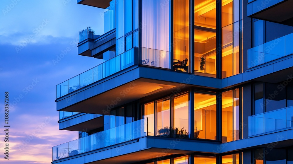 Poster modern apartment building with illuminated windows at dusk.