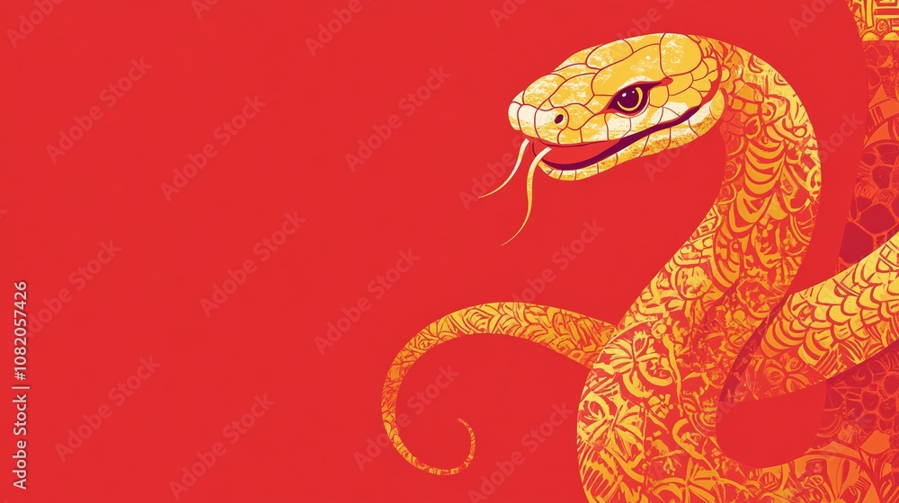 Poster vibrant and colorful snake illustration with intricate patterns on a bold red background, perfect fo
