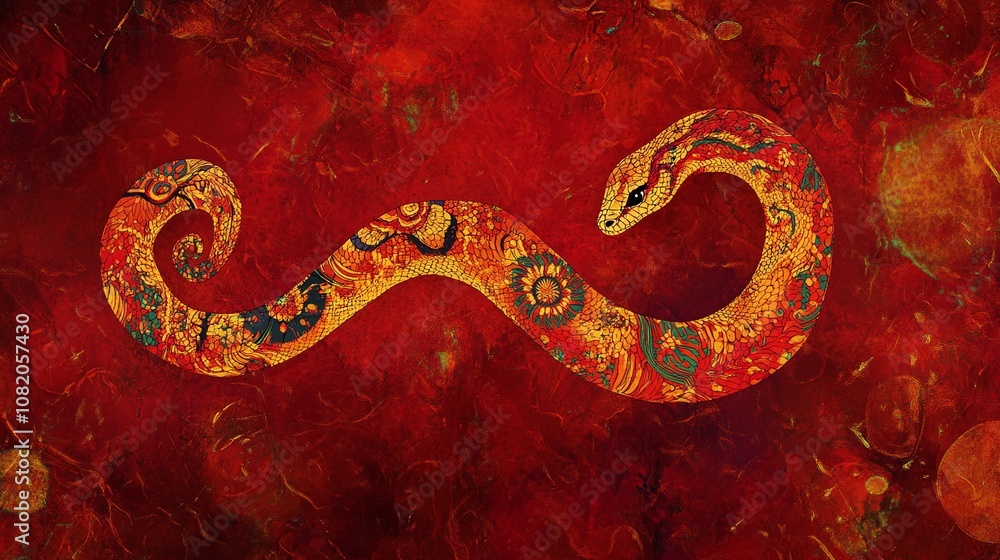 Poster vibrant and artistic representation of a snake on a rich red and textured background, displaying int