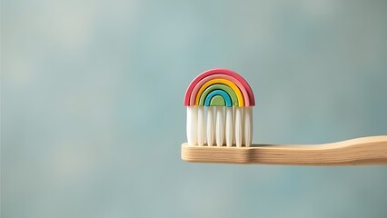Rainbow painted wooden toothbrush against modern bathroom background