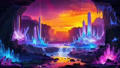 Crystal Formations at Sunset with Waterfall and Starry Sky
