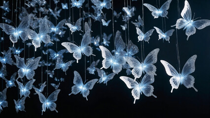 Crystal butterflies glow with icy blue light, creating an elegant and magical atmosphere against a dark background.