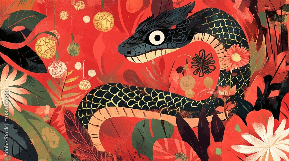 Poster vibrant illustration of a mythical snake surrounded by colorful flora and abstract patterns in a bol