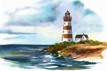 lighthouse on the coast baltic sea watercolor