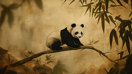 traditional chinese oriental painting of panda on tree