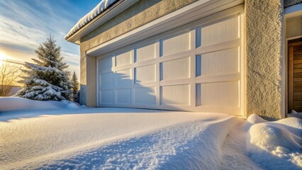 The serene winter wonderland showcases a white garage door at the entrance, blanketed by snow, with a picturesque yard draped in white.