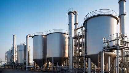 Obraz premium Chemical Plant with Tanks and Pipes - Complex infrastructure of a processing plant. Suitable for marketing or business purposes