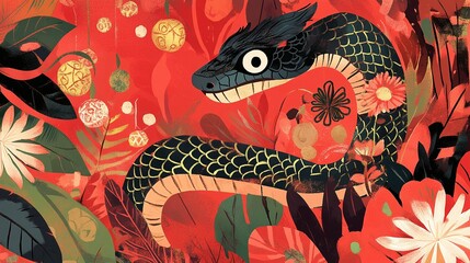 Obraz premium Vibrant Illustration of a Mythical Snake Surrounded by Colorful Flora and Abstract Patterns in a Bold Red Background for Artistic Expression and Design Projects