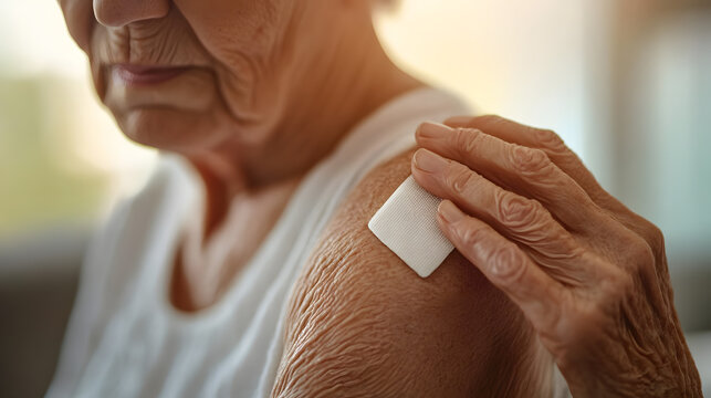 Close-up of an elderly person applying a pain relief patch to their aching shoulder joint.