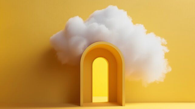 A white cloud floats above a yellow archway, creating a whimsical and surreal scene.