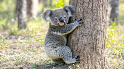 A Baby Koala Climbing a Tree Trunk in a Forest