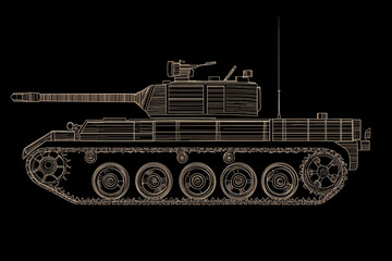 Detailed wireframe of a military tank in gold lines against a solid black background showcasing technical precision
