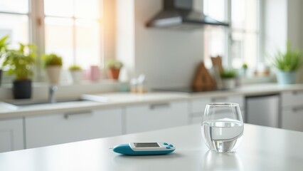  Glucometer for elderly care at home. A glass of water and a digital kitchen timer on a clean white countertop. Bright kitchen with natural light and wooden accents.