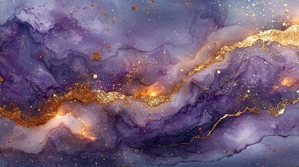 Abstract swirling purple and gold design with a cosmic feel.
