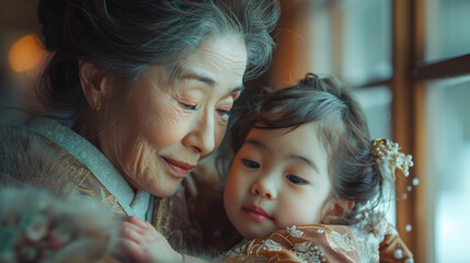 Heartwarming moment between grandmother and granddaughter japanese home family portrait traditional setting intimate close-up generational love
