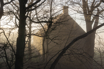 The Quaker meeting house in Coanwood, Northumberland, UK on a foggy winter day