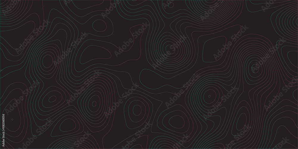 Aufkleber Abstract black colorful gradient Topographic line map pattern background. Contour elevation topographic and textured Background Modern design with black background with topographic wavy Patte and dot	