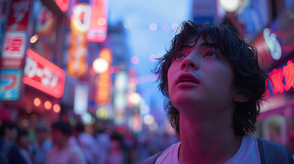 Captivating youth gazes upward amidst neon lights urban cityscape portrait photography nighttime low angle urban exploration