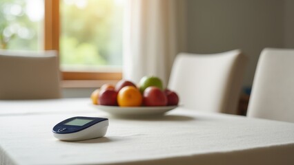  Glucometer for elderly care at home. A digital thermometer sits on a table near a fruit bowl. Soft light filters through a window, creating a cozy dining atmosphere.