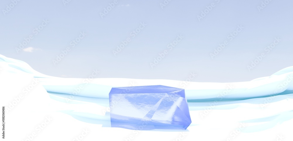 Poster frozen ice podium in a winter landscape scene. a geometric frozen block in middle of a snowy field u