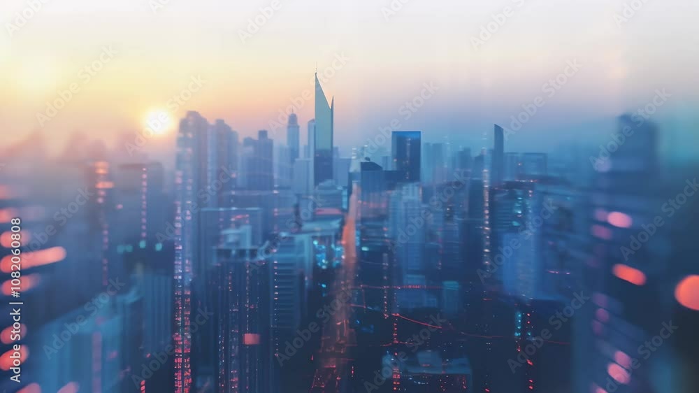 Poster digital data flows through a futuristic city skyline at sunset, representing the fast paced world of