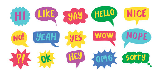 Thought bubbles handwritten words expressions, comic chat stickers collection. Speech clouds set. Funky typography design element, retro style messages. Like, yes, No, Wow and Ok.