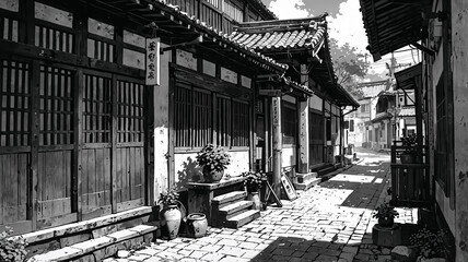 A historic city street with old buildings and alleys in black and white.