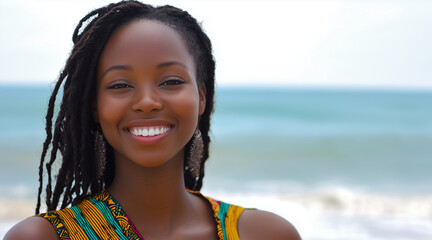 smiling african woman in her 18s. beach background 