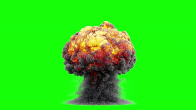 explosion of a realistic nuclear bomb. nuclear explosion on green background. nuclear bomb isolated. big explosion with cloud of smoke