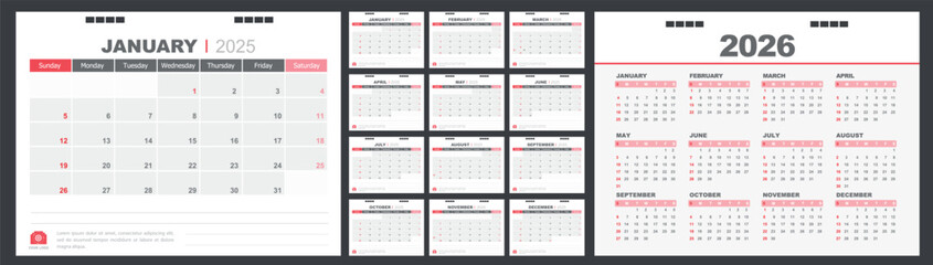 Calendar for 2025 red background, Corporate design planner template.