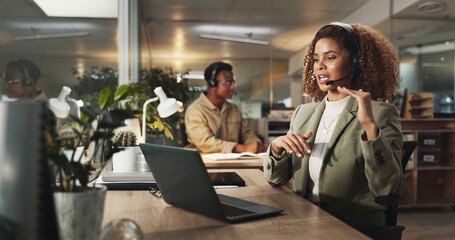 Woman, call center agent and laptop for help, support and business advice. Help, insurance...