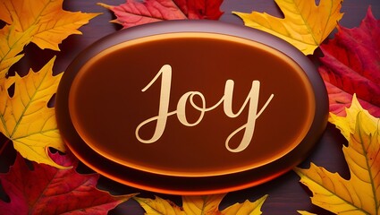 A brown oval plaque with the word "Joy" in gold lettering on a wooden background surrounded by fall leaves.