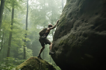A climber maneuvering a large boulder in a misty forest, showcasing adventurous spirit and connection with nature.