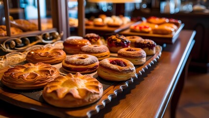 a zoom very close to the most amazing bakery on a decorative wooden plate