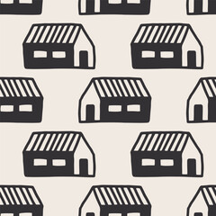 Vector seamless pattern with little houses on white background. Modern design for fabric and paper, surface textures. 