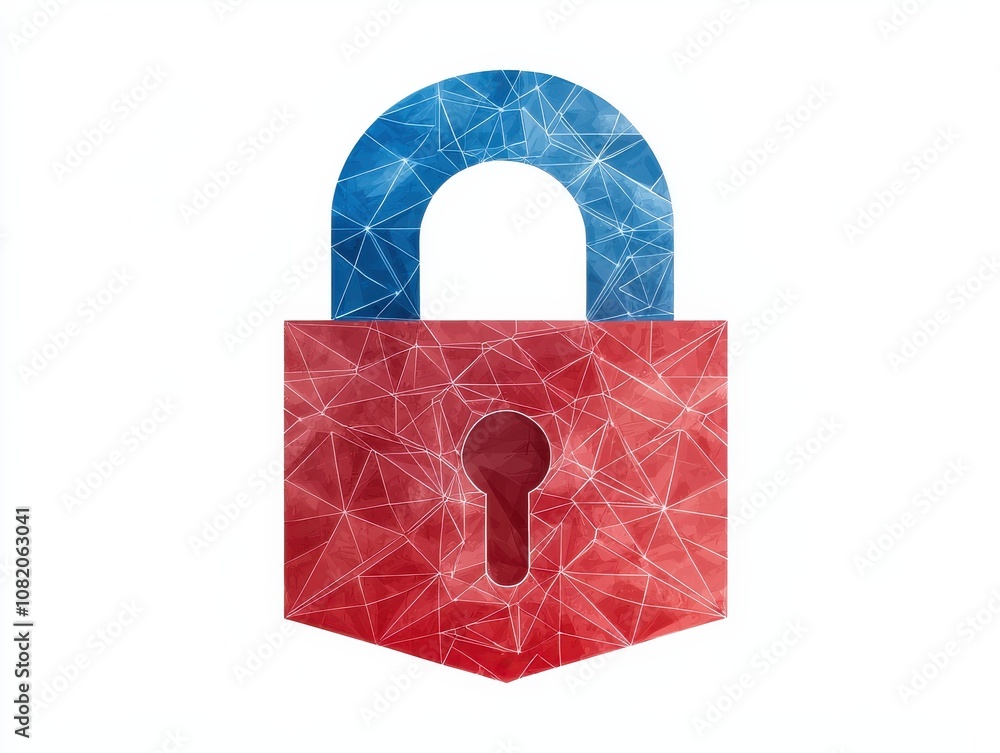 Poster quantum computing of cryptography concept. a stylized padlock in red and blue with a cosmic design s