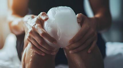 Close-up of a person icing their swollen knee after an injury to relieve joint pain.