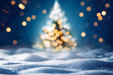 christmas tree and snow defocused bokeh lights