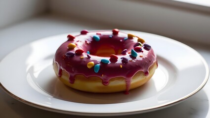 a zoom very close to the most amazing glazed donuts colorfull topping on a decorative wooden table 