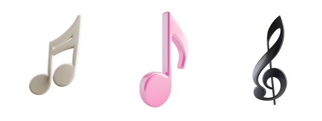 Obraz premium Three musical notes in varying colors: a white note, a pink note, and a black treble clef, representing the diversity in music. Isolations set on white background.