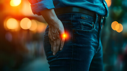 Close-up of a person pressing their sore hip joint in pain after standing for a long time.