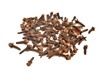 Fragrant spice dried cloves lies on a white background.