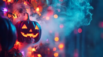 A carved pumpkin with a lit face hangs from a tree branch with colorful lights and smoke in the background.