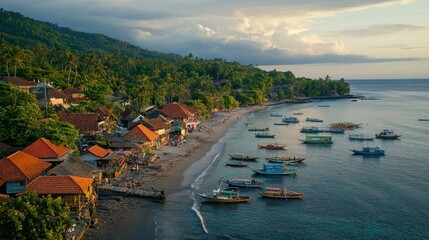 Fototapeta premium Tropical Village Beach with Boats at Sunset