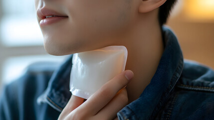 Close-up of a person using a heat pack on their stiff neck to alleviate joint pain.