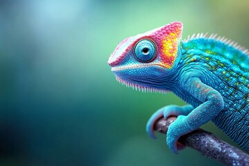 Fototapeta premium Vibrant Chameleon Panther perched on Branch in Lush Green Habitat